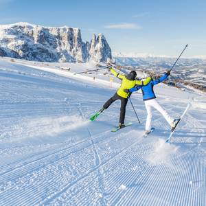 Freunde haben Spaß beim Skifahren